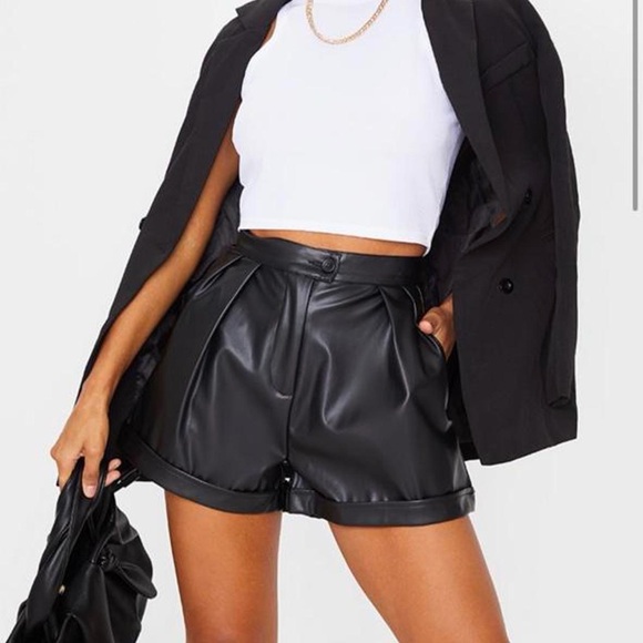 PrettyLittleThing Black High Waist Faux Leather Shorts 4 - Picture 1 of 6